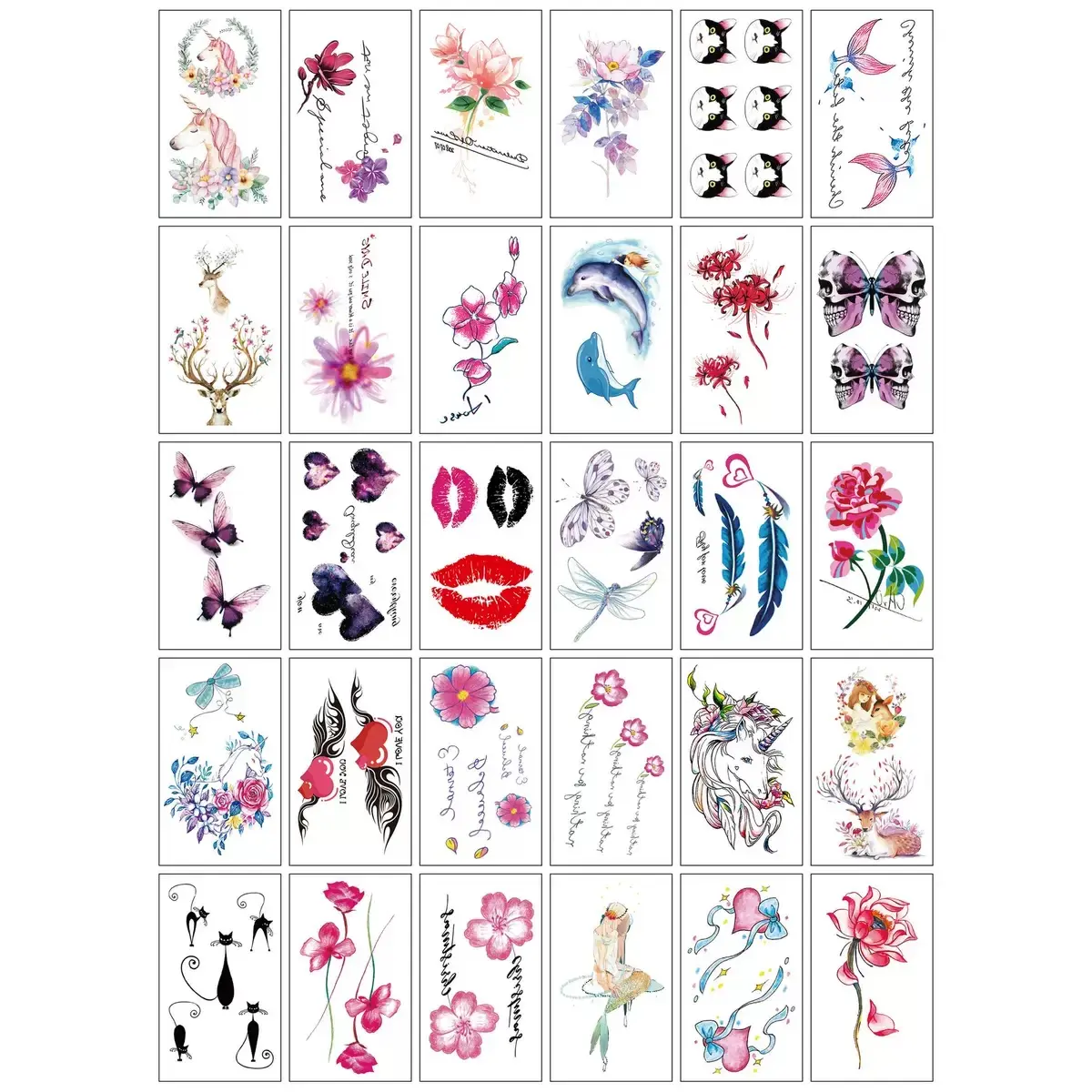30Pcs Washable Disposable Pink Flower Fake Tattoos for Women, Waterproof Long Lasting Colorful Tiny Stickers for Chest Wrist Collarbone