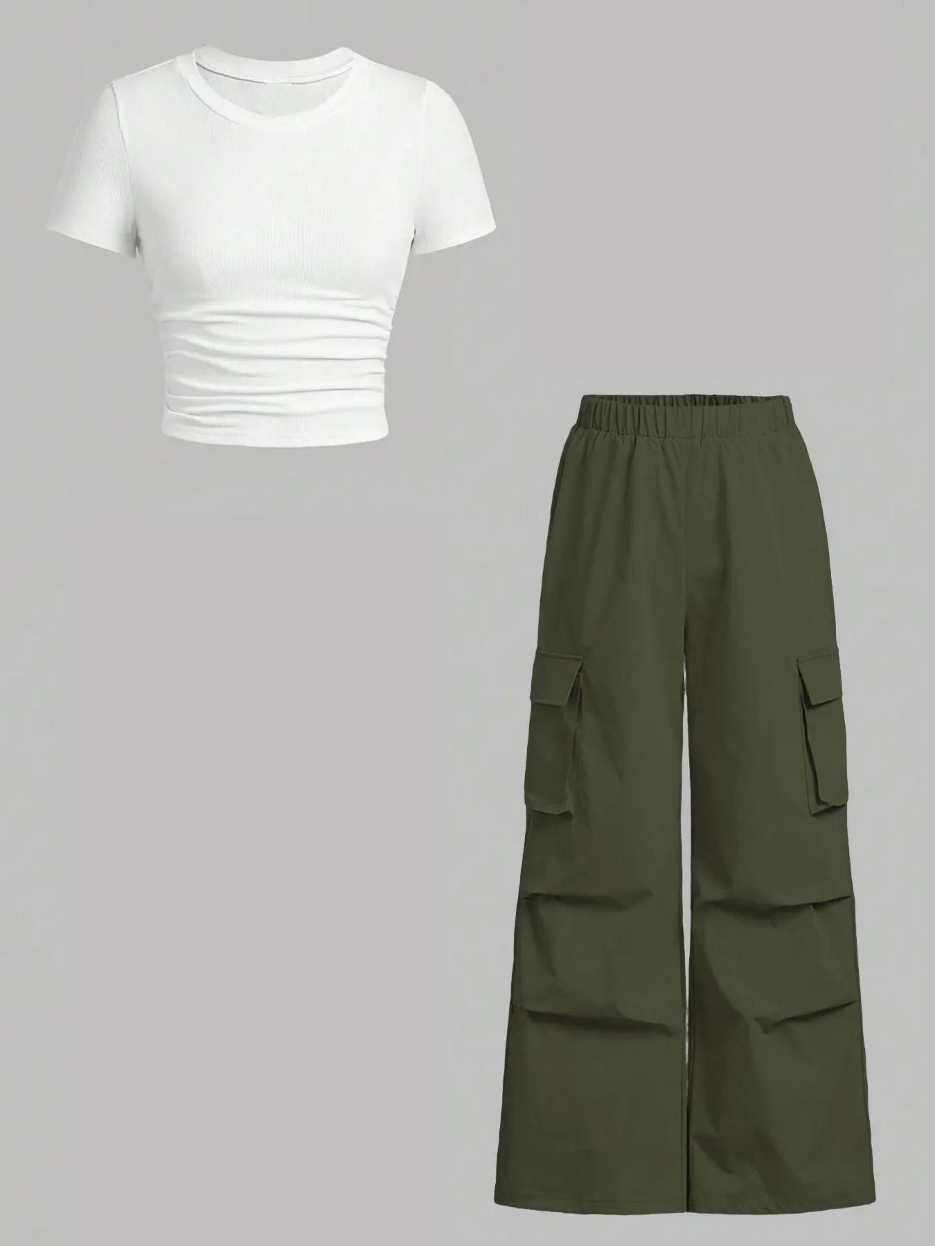 Women's Solid Ruched Ribbed Tee Top & Pocket Cargo Pants Two-piece Set, Street Fashion Casual Short Sleeve T-shirt & Elastic Waist Trousers for Daily Wear, Ladies Two-piece Outfits for All Seasons Womenswear