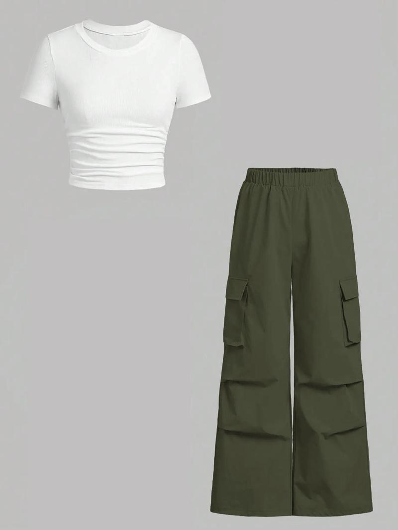 Women's Solid Ruched Ribbed Tee & Pocket Cargo Pants Two-piece Set, Street Fashion Short Sleeve T-shirt & Elastic Waist Trousers for Daily Wear, Ladies Two-piece Outfits for All Seasons