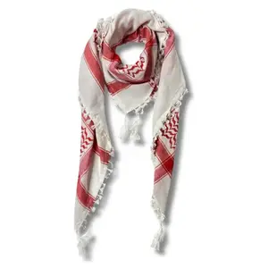 Palestinian Keffiyeh Cotton Square Scarf, 47×47 Inch Handmade Sharshoba Embroidery Fringe Tassel Shawl, Machine Washable Daily Fashion Accessory