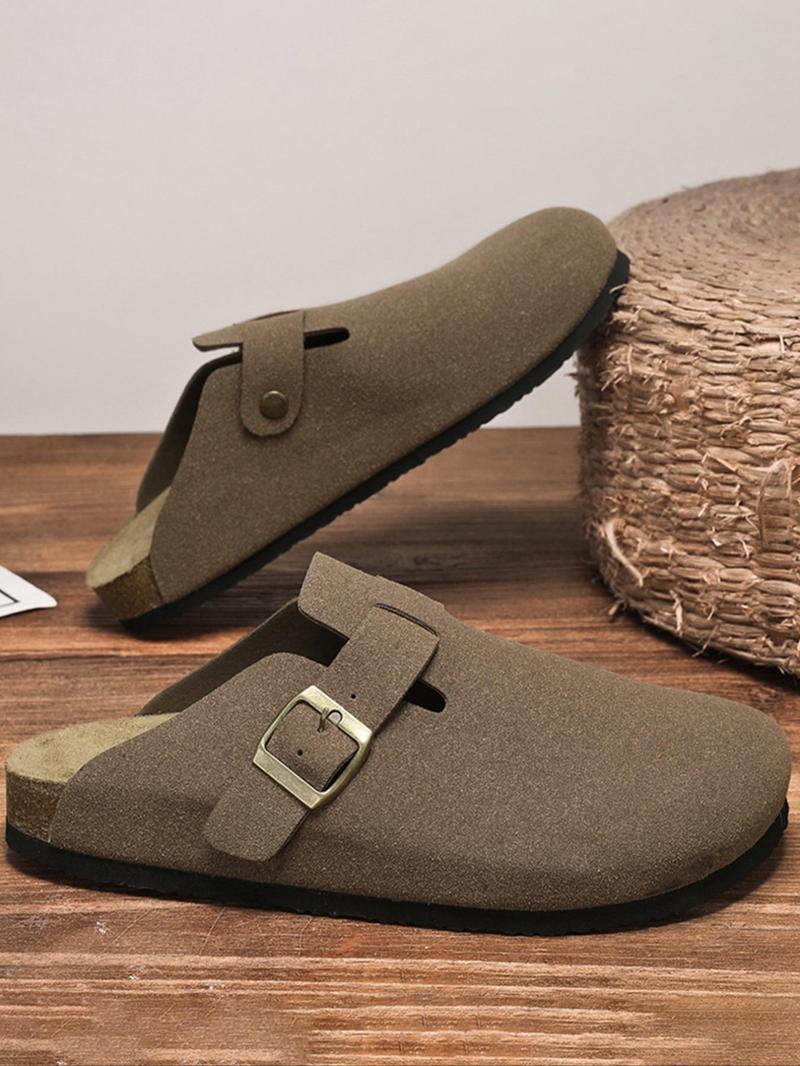Unisex Cork Heel Clogs, Casual Comfortable Suede Fashion Slippers with Adjustable Buttons, Outdoor Slip-ons and Walking Shoes, Footwear, Flat Shoes, Minimalist Clogs
