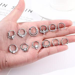 Besteel 12Pcs Septum Rings 16G Daith Earrings Nose Rings Hoop Stainless Steel CZ Opal Cartilage Helix Tragus Earrings Septum Clicker Piercing Jewelry Silver Black Rose Gold Butterfly Beautiful
