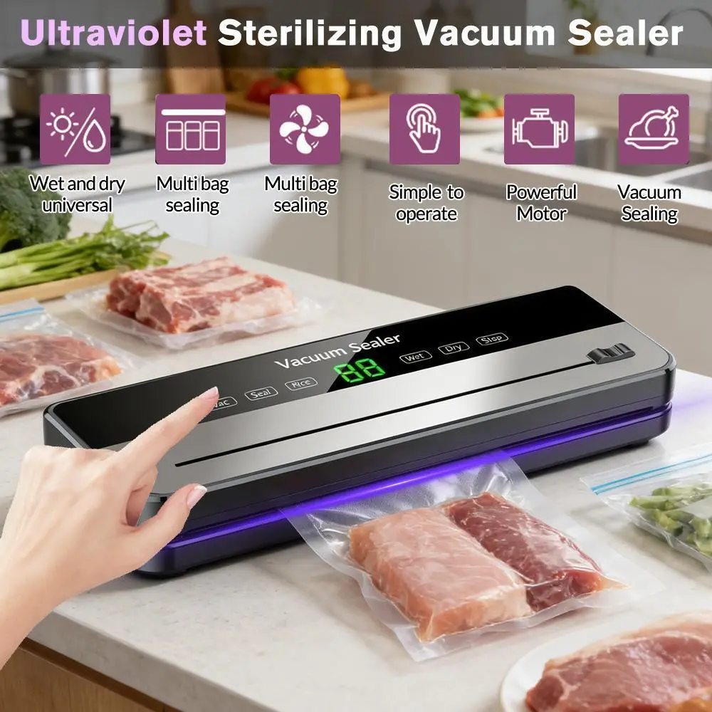 65kPa Corded Compact ABS Plastic Kitchen Food Sealer Vacuum Sealing Machine, 6-in-1 Automatic with 30 Vacuum Bags, Dual Dry/Wet Modes for Food Storage & Sous Vide#DealsForYouDays, Dual Modes