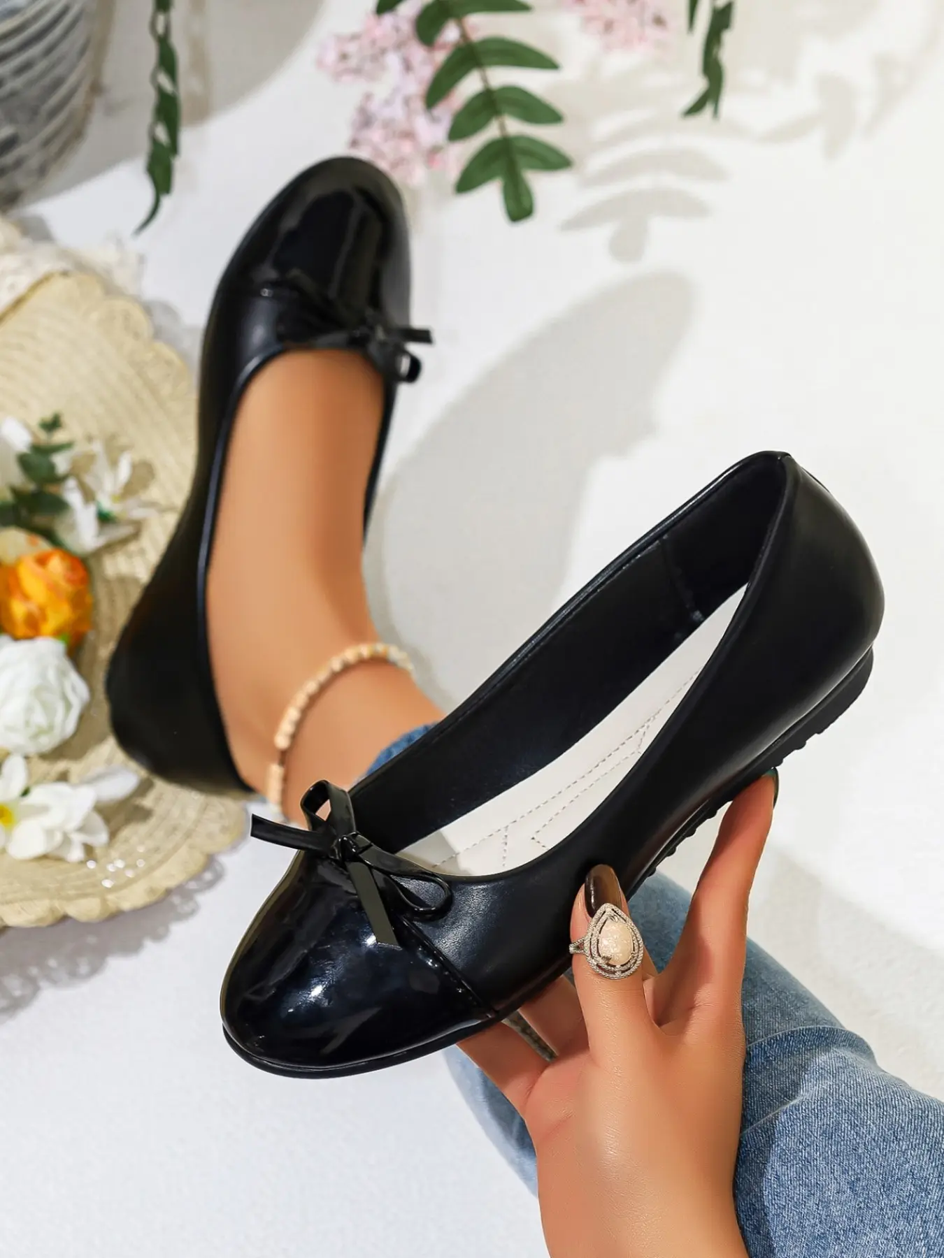 Spring Autumn New Korean Style Soft Round Toe Women Shoes, Colorblock Glossy Butterfly Knot, Lightweight Anti-Slip Comfortable Casual Flat Shoes