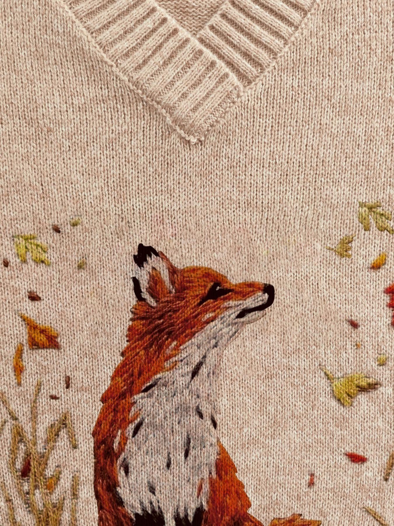 Women's Fox Print Drop Shoulder Sweater, Casual Long Sleeve V Neck Jumper for Fall & Winter, Fashion Ladies' Knitwear for Daily Wear