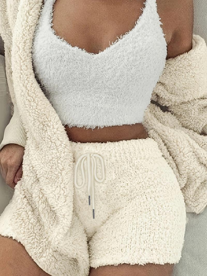 Women's Solid Color Plush Three-piece Pyjama Set, Fluffy Pajamas, Casual Comfy V Neck Cami Top & Hooded Coat & Tie Front Shorts Loungewear Set, Pajama Sets Women, Women's Sleepwear for Winter, Fluffy Pajamas, Cute Pajama Sets, Sleep Sets, Womenswear, Pjs Women's Solid Color Plush Three-piece Pyjama Set, Fluffy Pajamas, Casual Comfy V Neck Cami Top & Hooded Coat & Tie Front Shorts Loungewear Set, Pajama Sets Women, Women's Sleepwear for Winter, Fluffy Pajamas, Cute Pajama Sets, Sleep Sets, Womenswear, Pjs