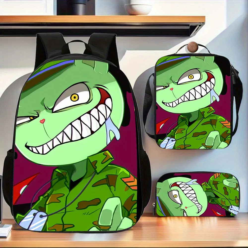 Kids 3-Piece Backpack Set for Back to School, Anime Figure Camo Print 600D Oxford School Bag with Insulated Lunch Box & Pencil Case, Water-Resistant with Adjustable Sizing, Back To School Haul, Top Handle