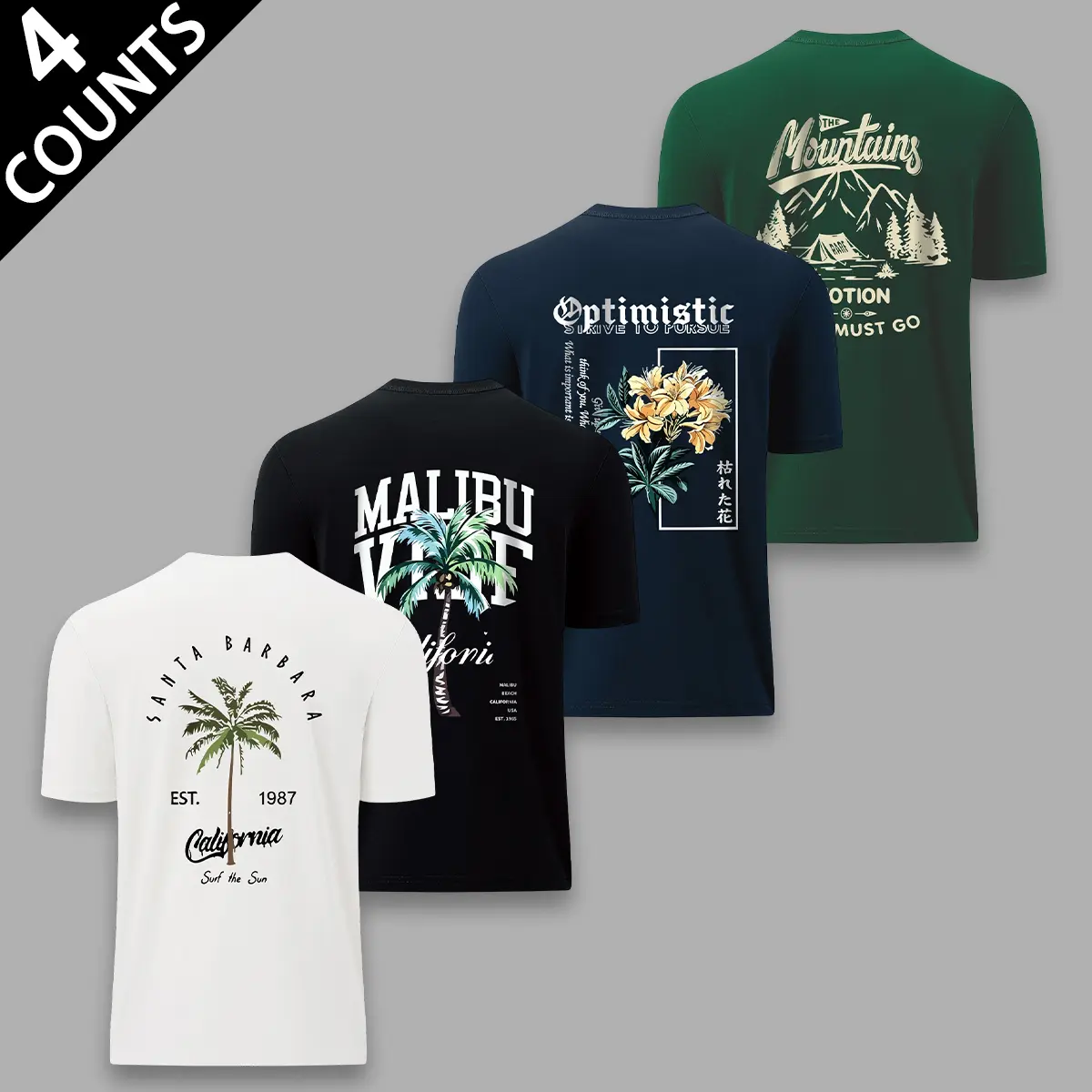 Men's 4-Pack Chic Graphic T-Shirts with Tropical Floral Prints, Breathable Short-Sleeve Round Neck for Summer Streetwear & Beach Vacations, Graphic Tee