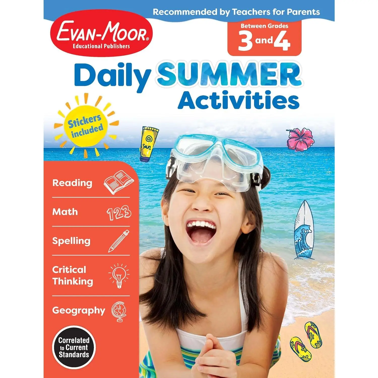 Evan-Moor Daily Summer Activities, Grade 3-4 Workbook, Stickers,  Learning Loss, Reading Comprehension, Writing, Math, Grammar, Punctuation, Spelling, Multiplication, Fractions, Geography, Maps - Paperback