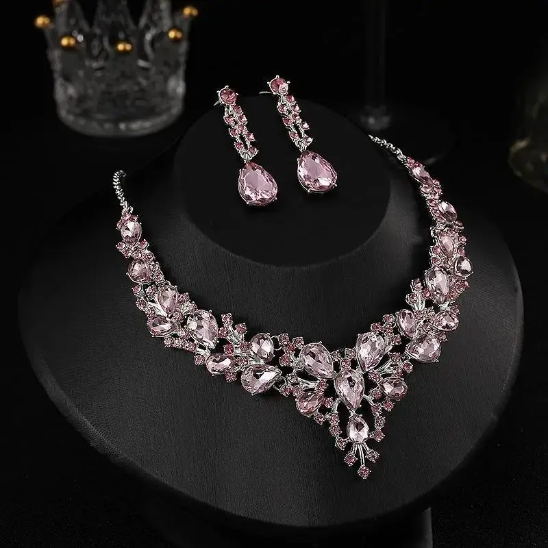 Glamorous Elegant Silver-Tone Pink Teardrop Zircon 2-Piece Hypoallergenic Jewelry Set, Baroque Necklace & Earrings for Bridal Prom, Anniversary Champagne Gift Accessory