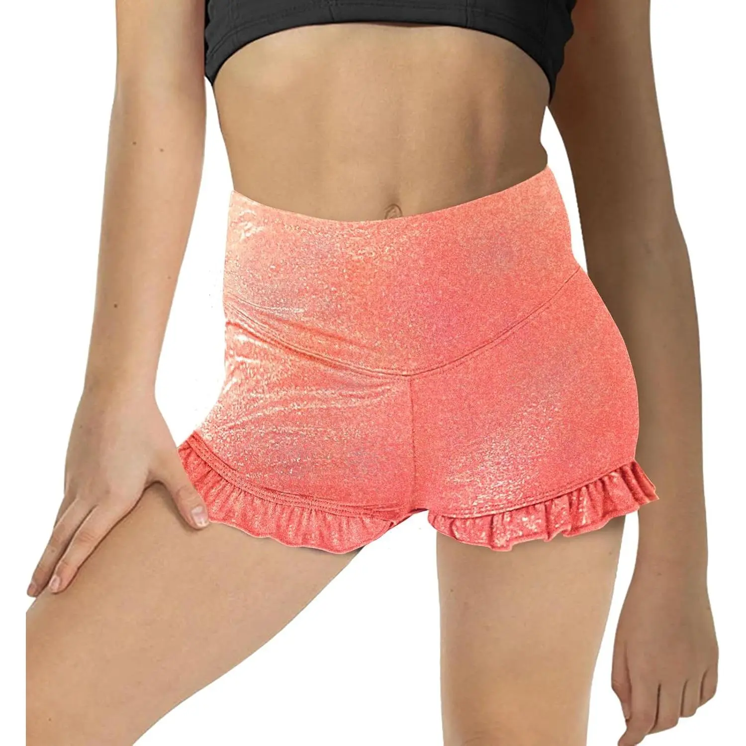 Girls Athletic High Waisted Ruffle Shorts - Comfy Yoga Dance Workout Gymnastics