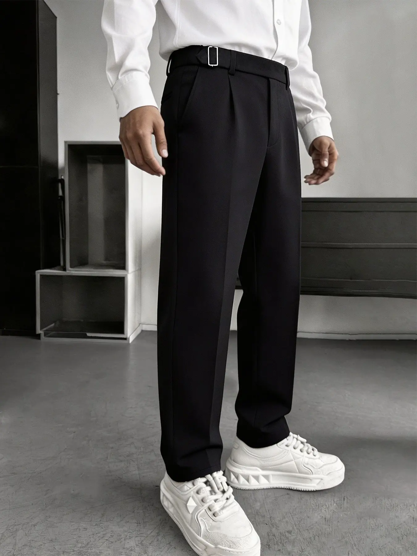 Spring Fall Men's Solid Color Straight Leg Pants, Minimalist High Waist Casual Long Pants, Wrinkle-Resistant Suit Fabric, Business & Daily Wear