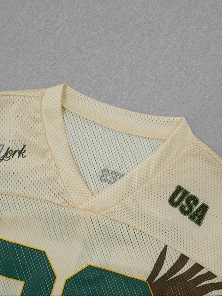 2-piece set of new spring and summer casual street sports style V-neck short sleeved loose fitting size 03 "USA" slogan green striped T-shirt+five point apricot mesh shorts set