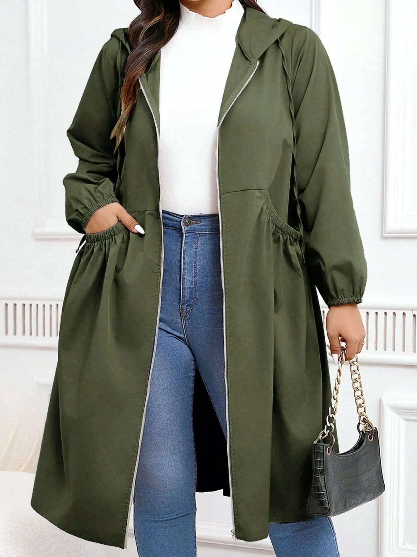 Women's Casual Loose-Fit Knee-Length Windbreaker Coats, Long Sleeve Zipper Outerwear, Plain Pattern, Spring & Fall, Daily Wear, Outdoor Activities