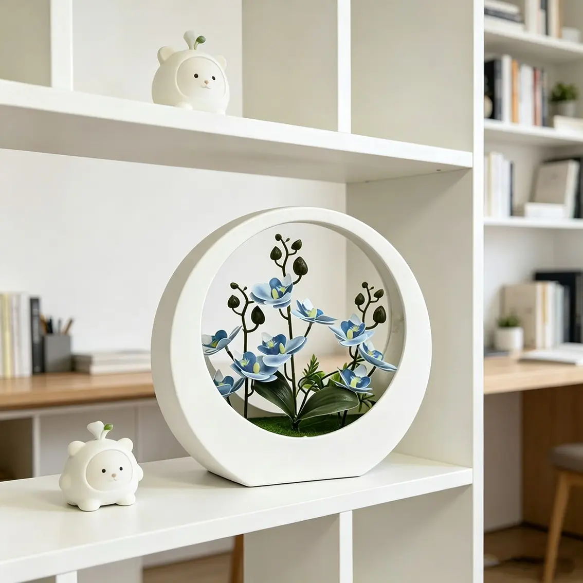 Realistic Orchid Potted Plant, Moon Shape Pot, Flower Arrangement, Living Room Bedroom Desktop Decor, Low Maintenance Artificial Flowers