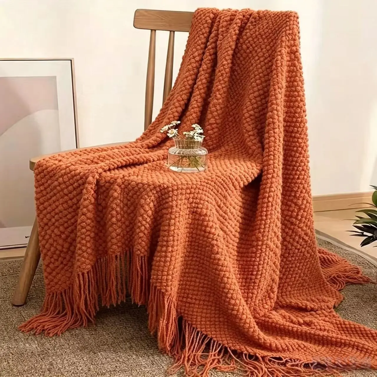 Soft Cozy Knitted Throw Blanket, Long Fringe, Lightweight Bubble Texture, Ideal for Bed, Sofa, Chair, Outdoor Picnic, All Seasons Use