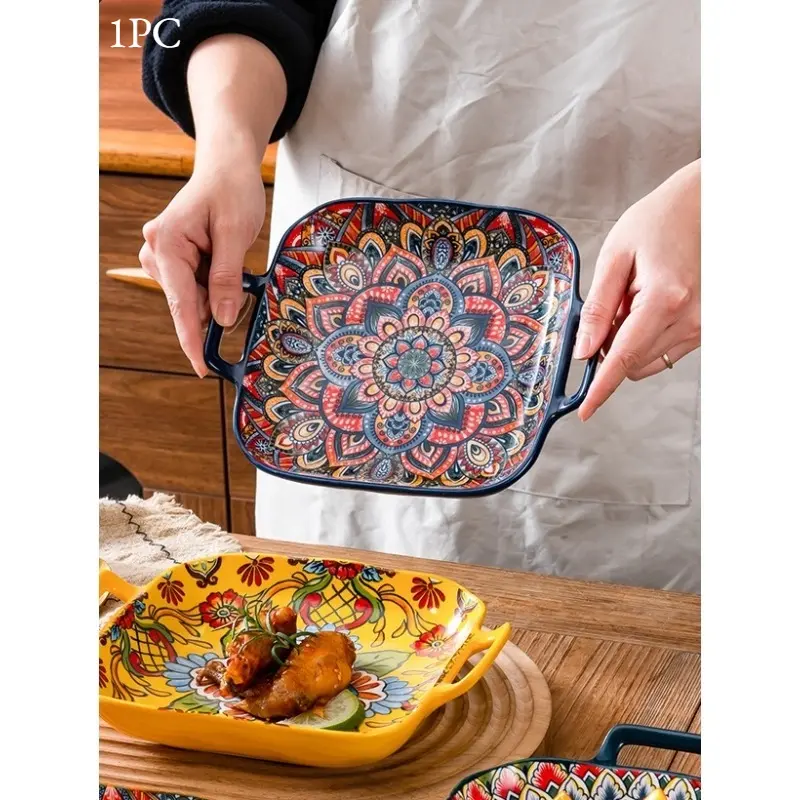 Bohemian Square Ceramic Plate with Two Handles, Creative Household Dinner Plate, Salad Plate for Home Kitchen & Dining Room, Ceramic Tableware