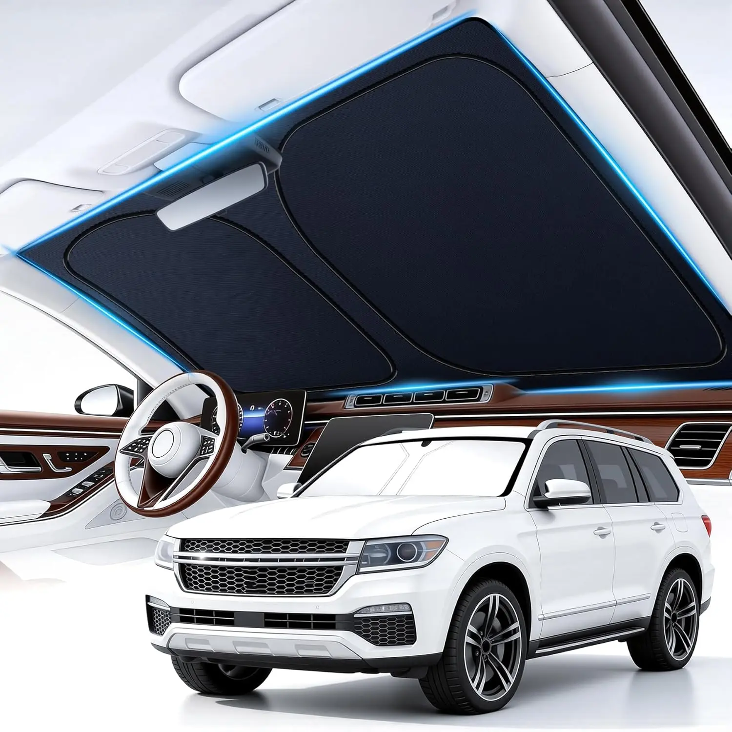 300T  Windshield Sunshade  Sun Visor Front Window Shades, Foldable Reflective Fits , SUV, Sedan, Interior  Automotive Accessories for Summer (59" x 33")