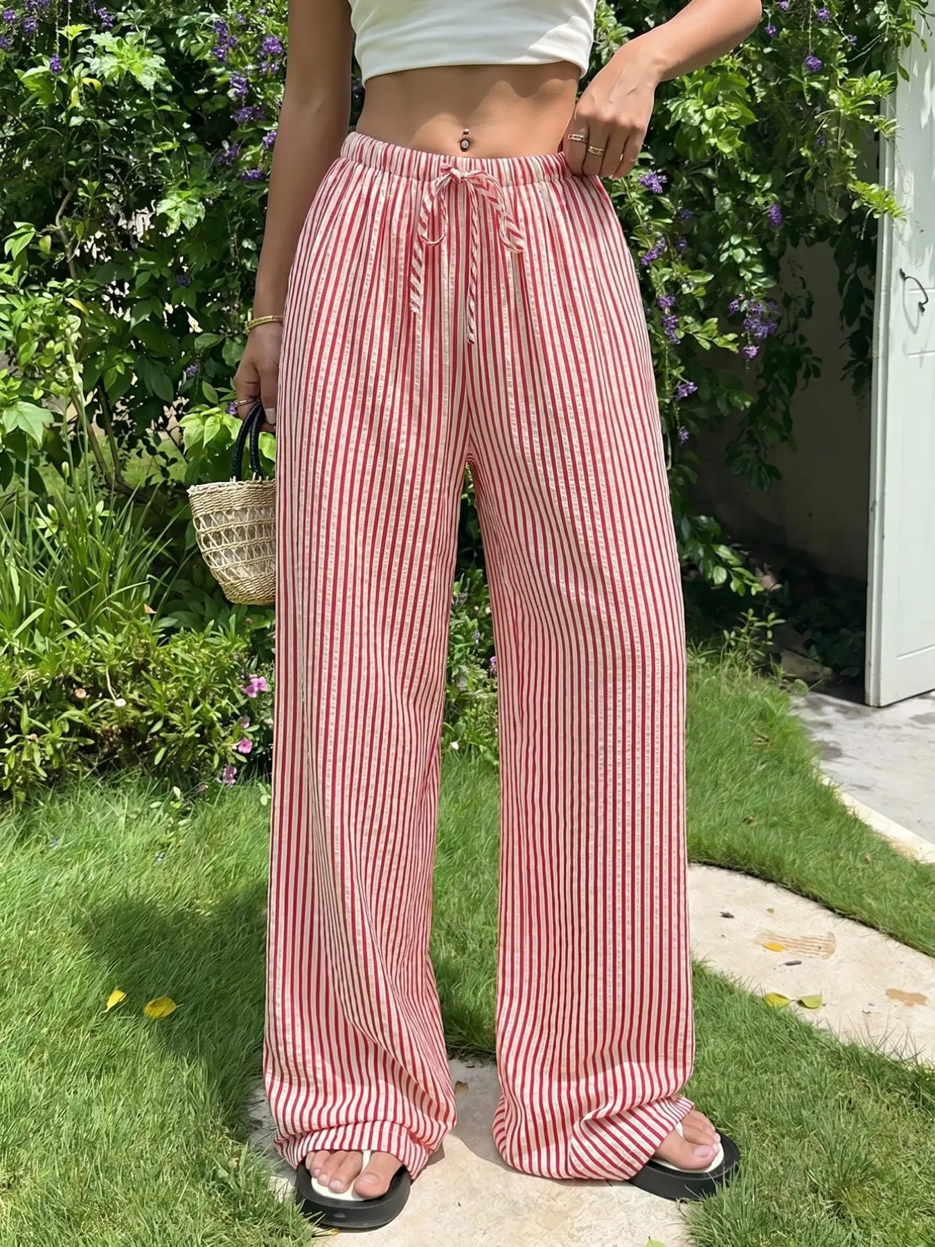 Red White Vertical Stripe Textured Wide Leg Floor Pants, Full Elastic Waist + Adjustable Drawstring, High Waist Loose Drape Straight Fit, Lightweight Breathable Crinkle Fabric, Summer Vacation Relax Style, Multi-Occasion Beach/Commute/Lounge Wear