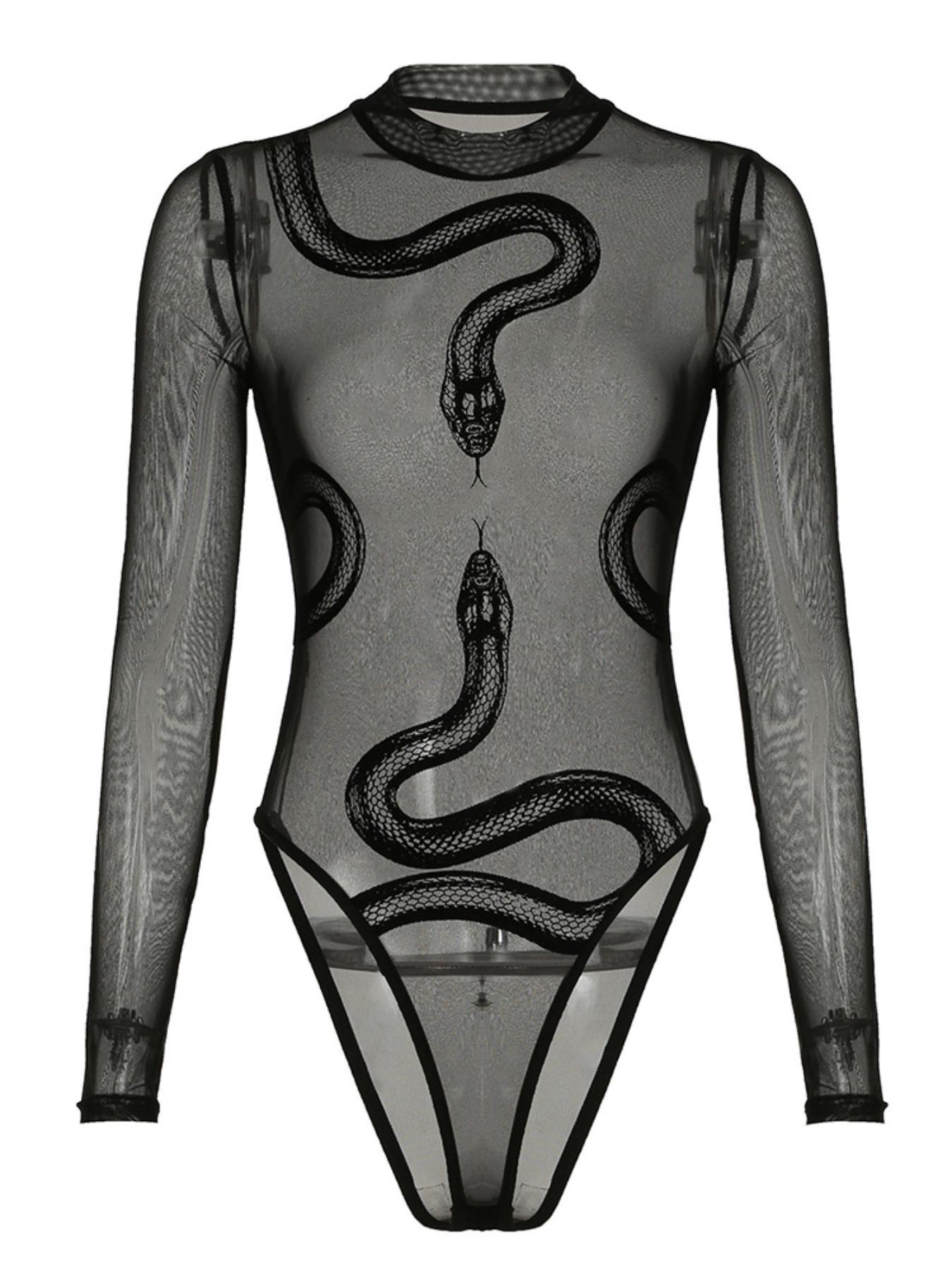 Sheer Velvet Snake Print Mesh Bodysuit, Womenswear, Sexy Slim-Fitting All-In-One for Summer, Elegant and Bold Fashion Statement Piece