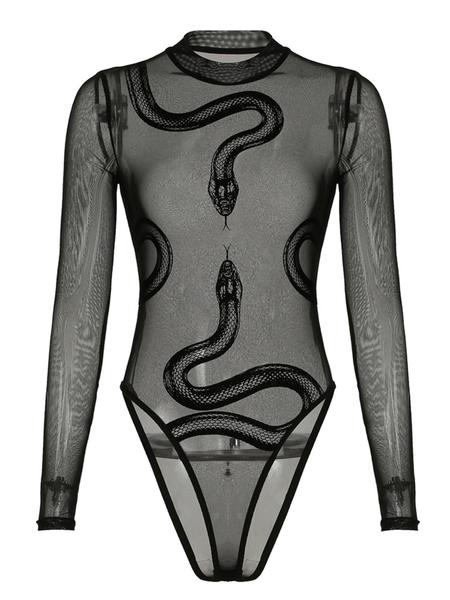 Sheer Velvet Snake Print Mesh Bodysuit, Sexy Slim-Fitting All-In-One for Summer, Elegant and Bold Fashion Statement