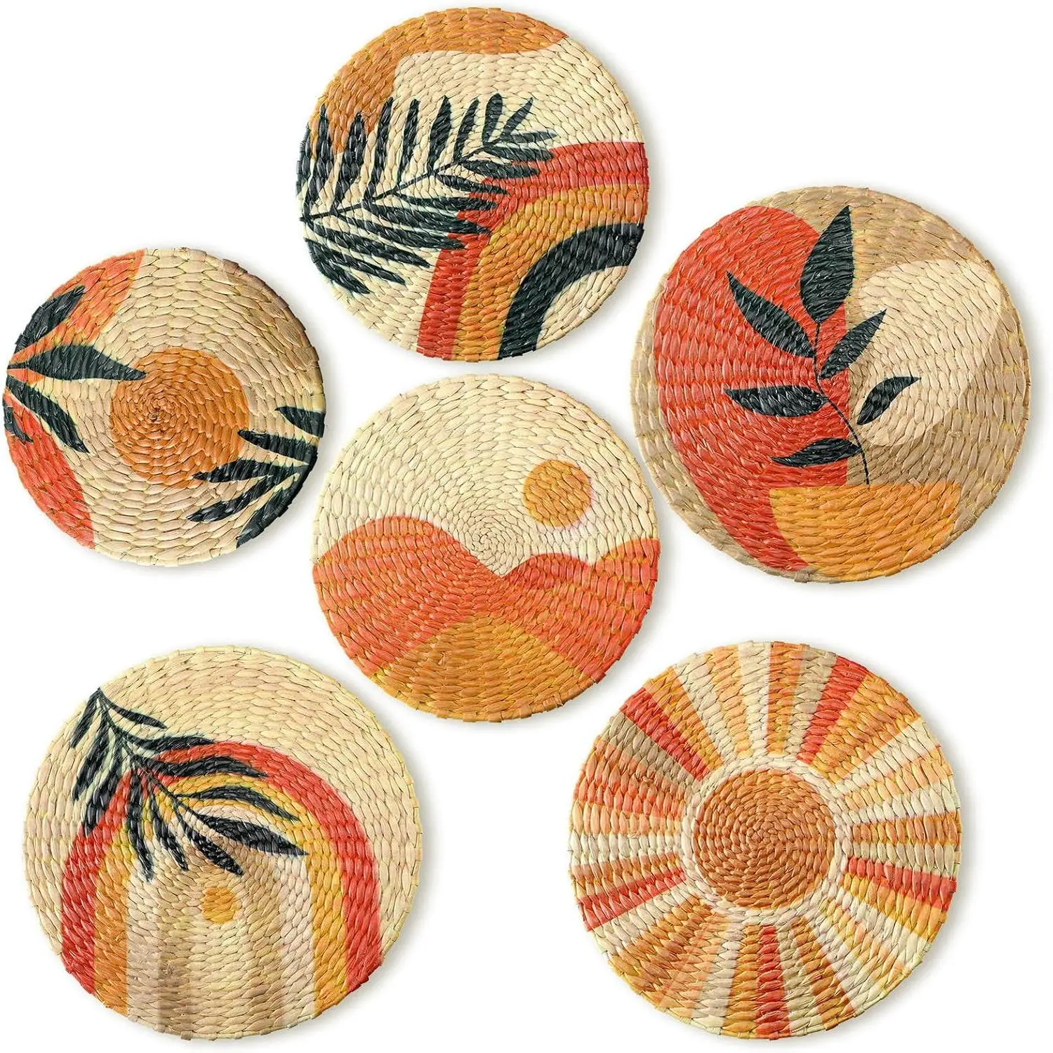 Xuhal 6 Pcs Boho Hanging Wall Basket Decor Handmade Flat Rattan Woven Basket Wall Decorative Boho Wicker Baskets Placemats Round Farmhouse Bulrush Art for Rustic Home Decorations Gift
