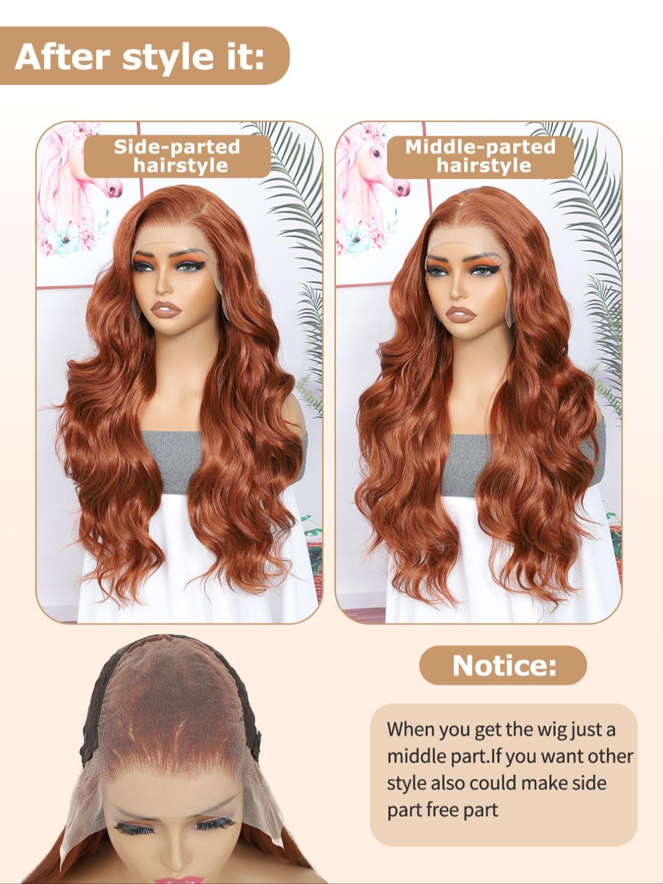 24 Inch Burgundy/Ginger Long Body Wavy Wigs for Women, Gorgeous Fluffy Natural Looking Wigs without Bangs, Synthetic Heat Resistant HD Lace Front Wigs for Party, Daily Use