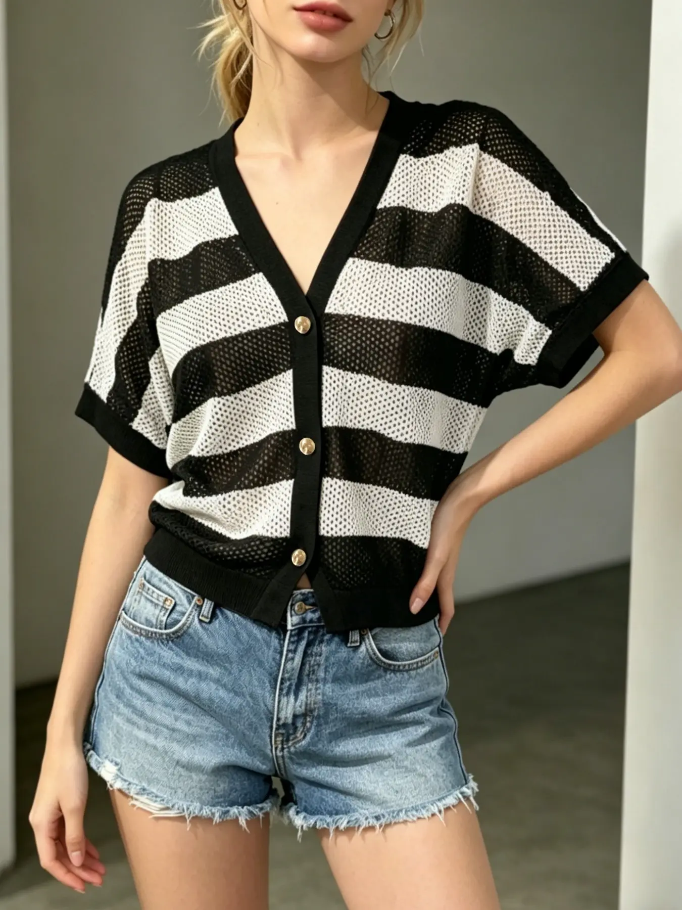 Women's Wide Striped Colorblock Baggy Large Mesh Hollow Out Knit Cardigan, French Lazy Style, American Retro Style, Summer Vacation Wear