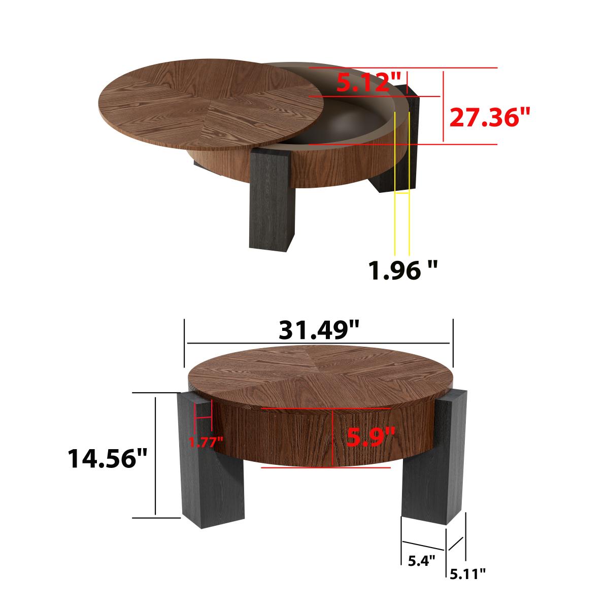33'' Round Coffee Table with Hidden Storage, Modern Wabi-Sabi Wood Parquet Veneer Top Table, 3 Block Legs Sturdy Center Accent Table for Living Room, Small Space