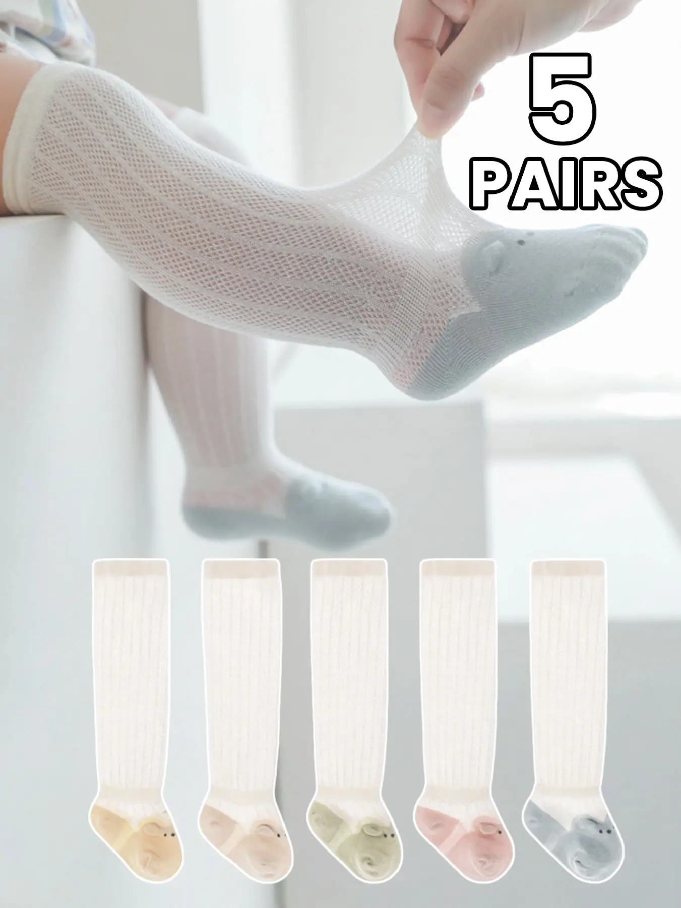 5 Pairs Summer Mesh Baby Over-The-Knee Socks, Cute Cartoon Animal Patterns, Mosquito-Proof, Breathable Thin Cotton, Newborn to 36 Months