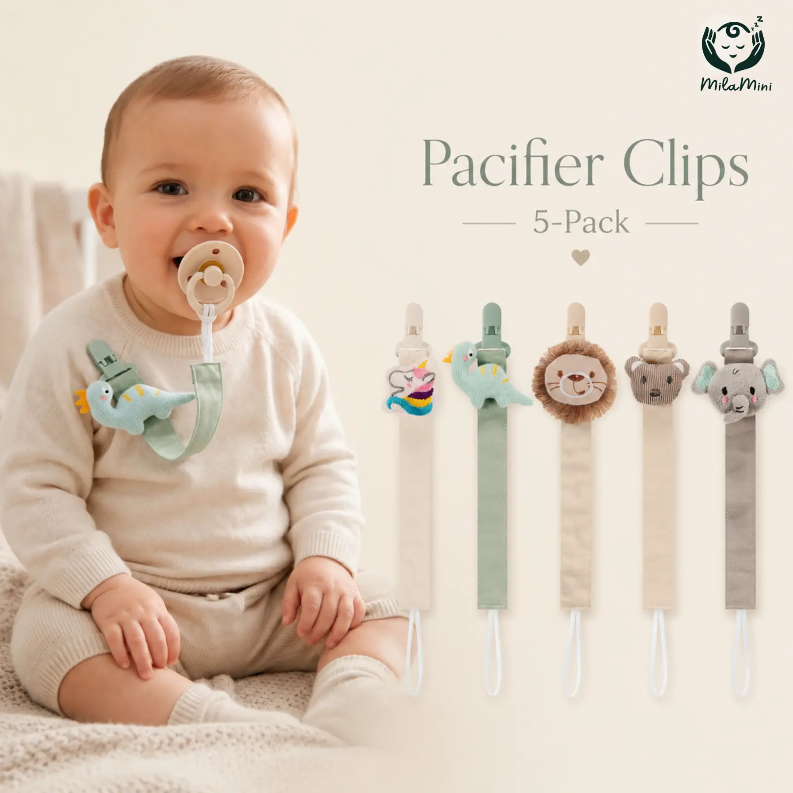 Milamini 5 Pack Fabric Pacifier Clips for Baby Boys Girls, Convenient Silicone Pacifier Chain Clips, Flexible Fixed Position, Travel Essential, Kids Gift for Boys and Girls, Newborn