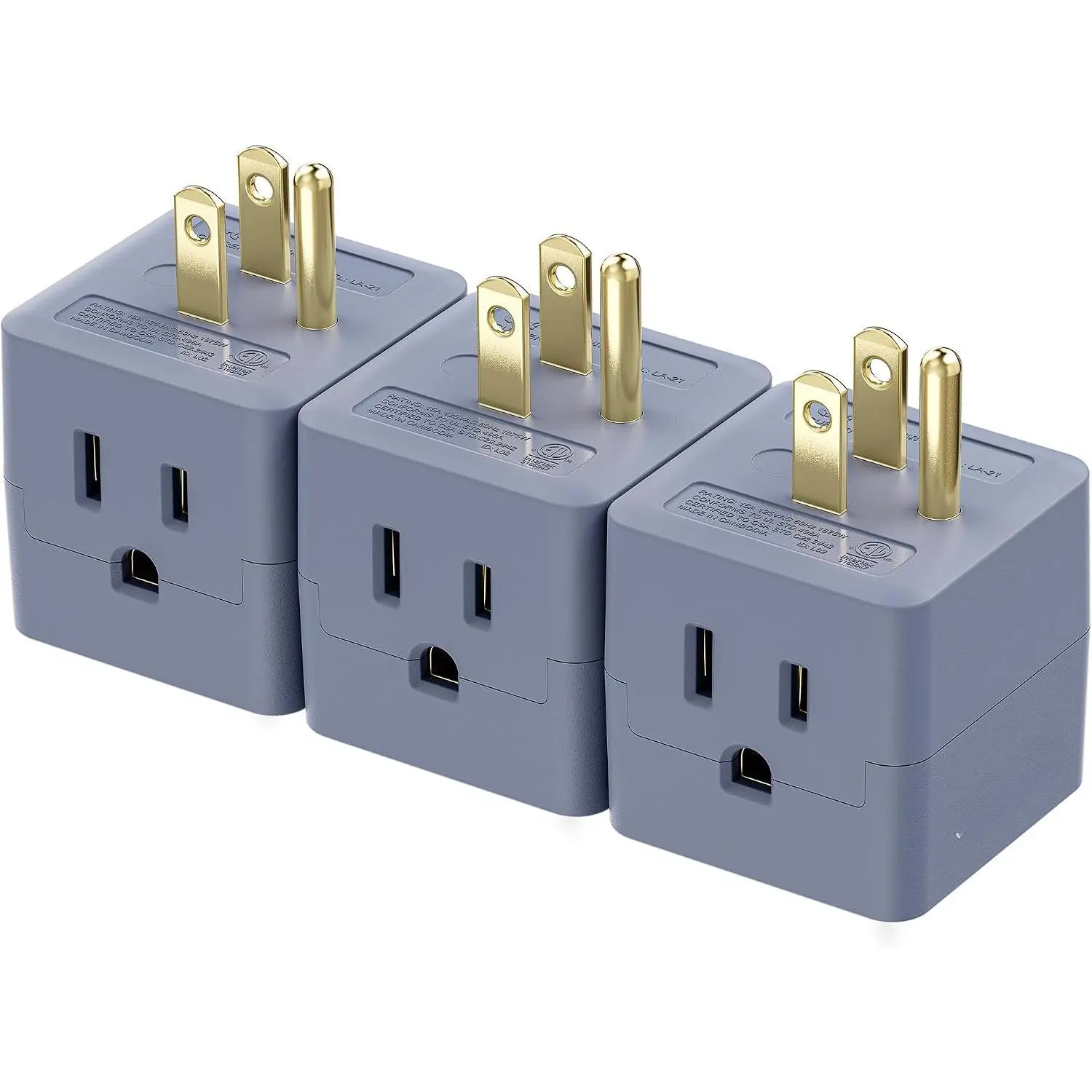 [ETL Listed]  3-Pack 3 Outlet Wall Adapter, Plug Adapter, Gray | Grounded, Cube Tap, Power Splitter, Grounded Cube Tap Outlet Splitter 3 Way Plug Adapter 3-Prong Power Splitter