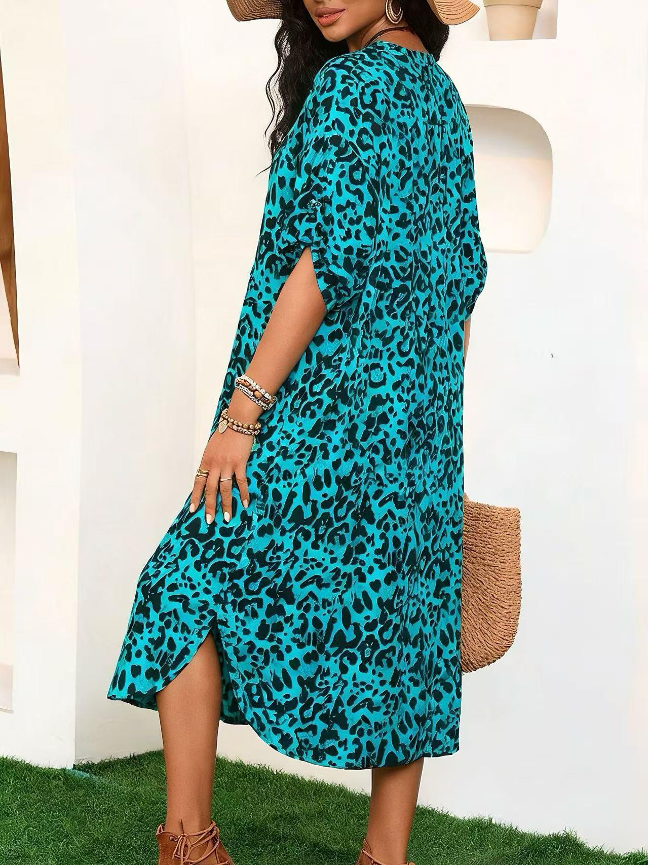 Women's swimsuit cover-up, stand-up collar leopard print robe, beach vacation long dress, loose bikini swimsuit cover-up for women