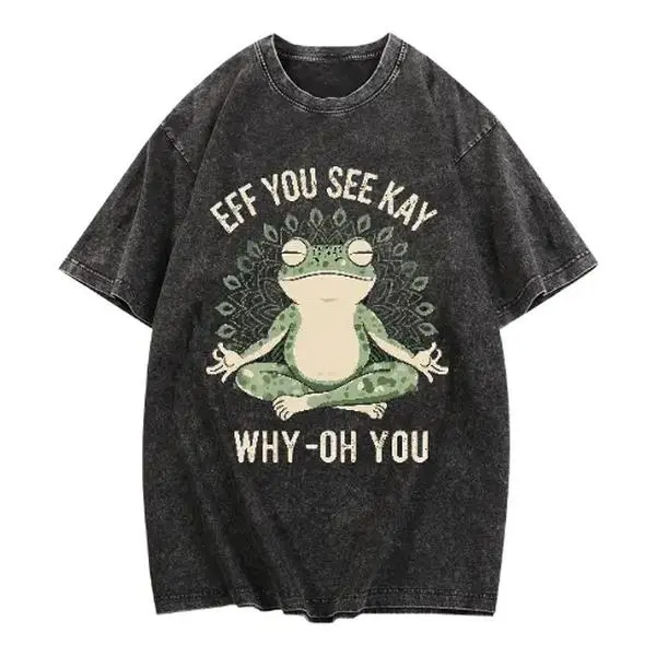 Women’s Frog Graphic T Shirt, Cute Meditation Frog Print Tee, Funny Animal Cartoon Black Short Sleeve Shirt