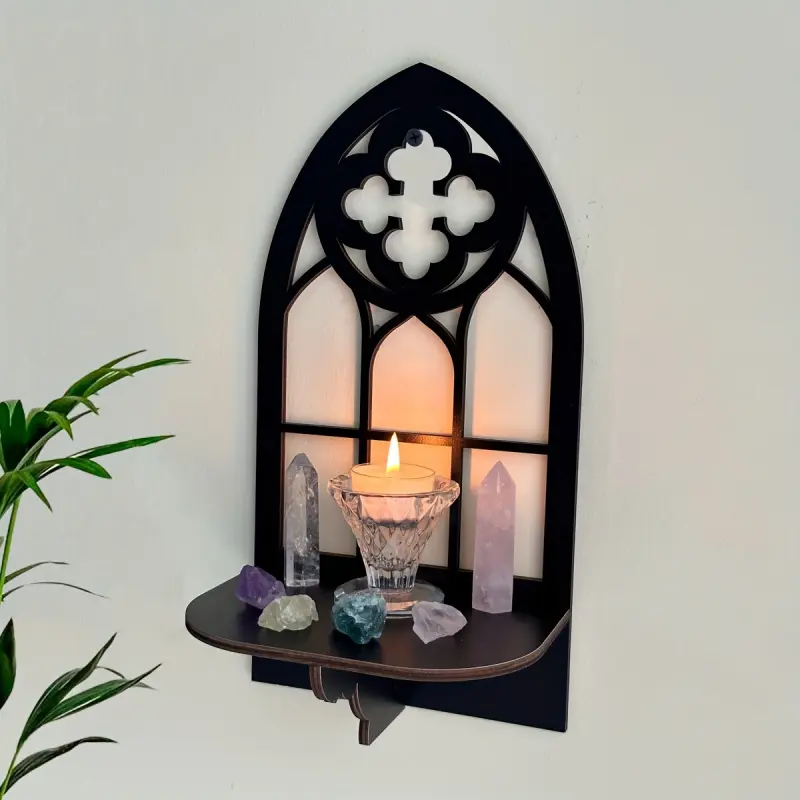 1pc Gothic Arch Window Shelf - Vintage Wall-Mounted Multi-Grid Display Rack, Arch Shaped Racks, with Candle Holders And Crystal Storage Space, Gothic Home Decor, Faux Stained Glass Effect, Artificial Wood, Durable Construction