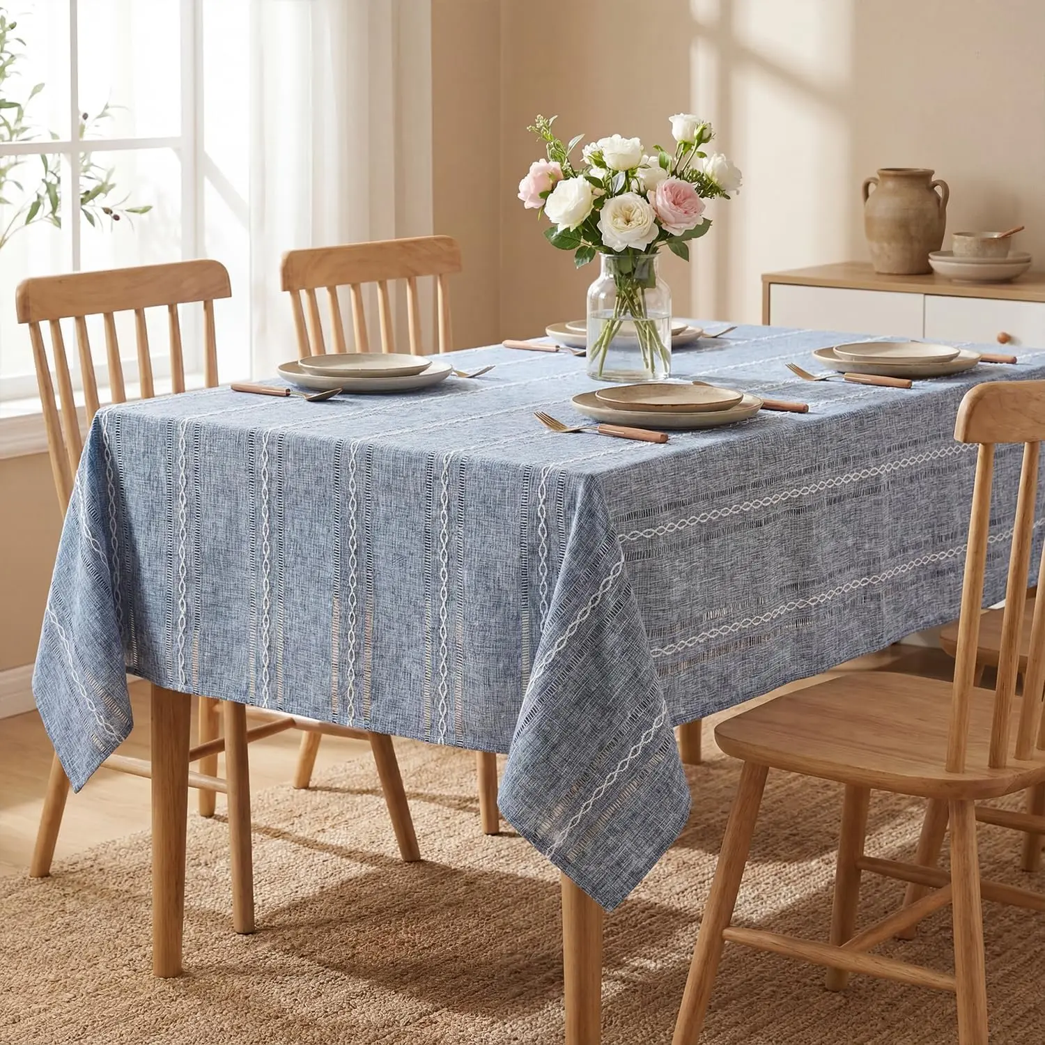 Farmhouse Blue Rectangular Linen Tablecloth (60×84 in) - Wrinkle-Free, Washable, Hemstitching Embroidery Fabric Table Cover for Home & Party Decor