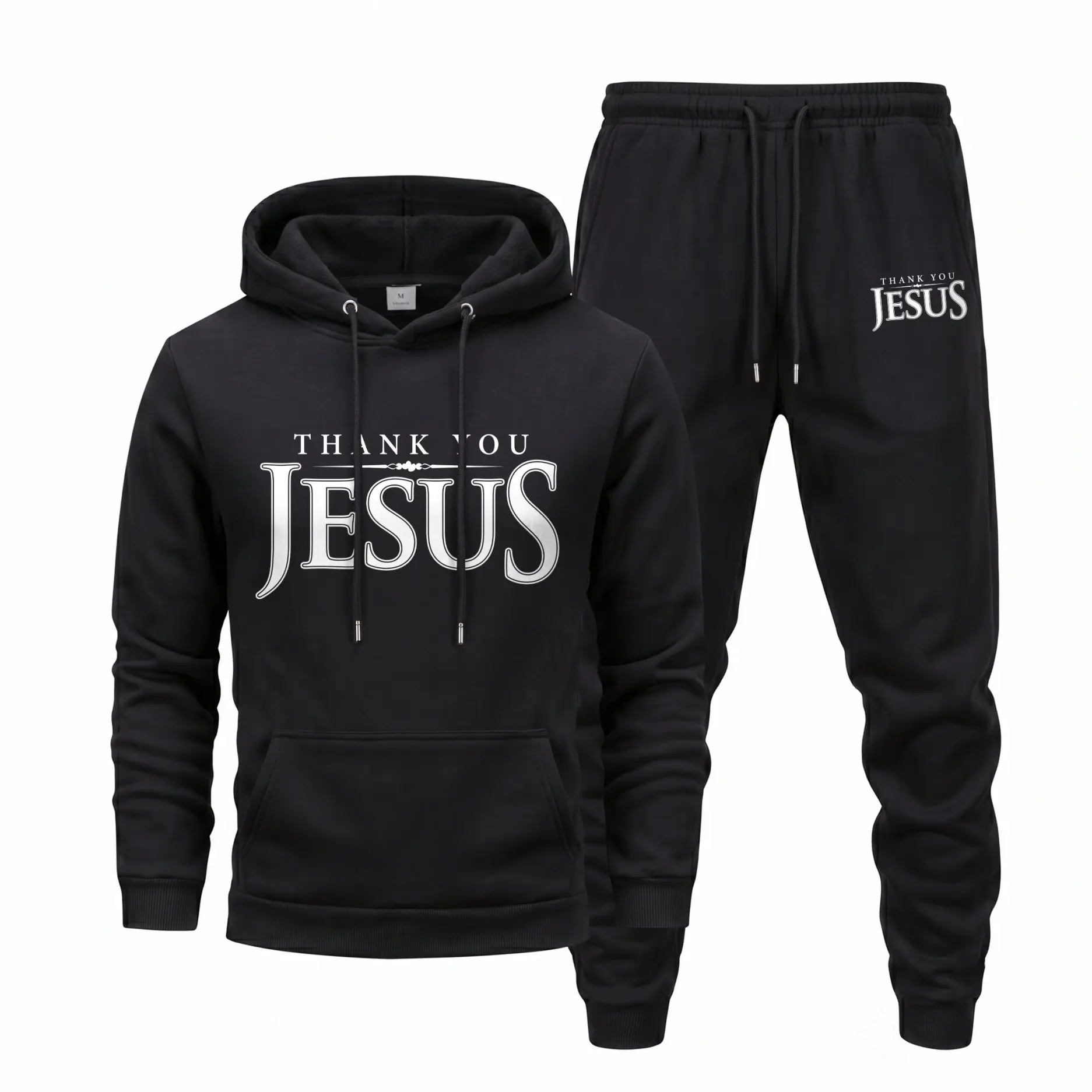 Men's Thank You Jesus Graphic Hoodie and Sweatpants Set, Christian Faith Long Sleeve Pullover & Drawstring Jogger Pants, Casual Tracksuit for Fall Winter, Daily Wear, Travel, Indoor Outdoor and Athleisure
