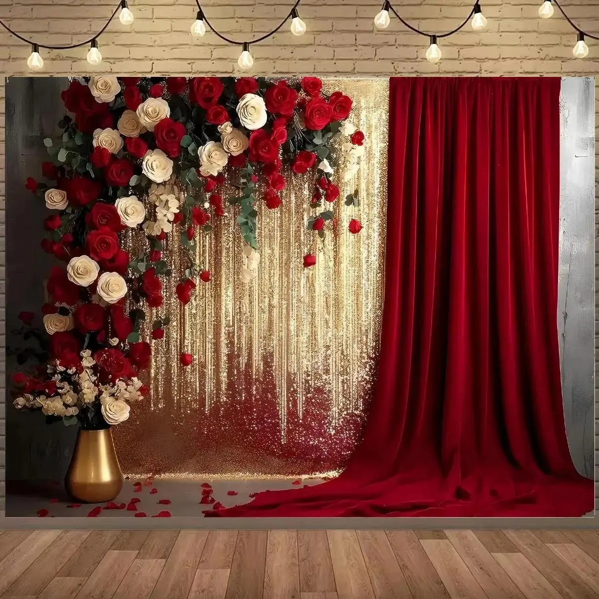 Floral Red Curtain Wedding Party Backdrop Banner Polyester Photography Background Tapestry Birthday Decoration Romantic Wall Decor Photo Booth Event Decoration Indoor Outdoor Anniversary Celebration Holiday Supplies