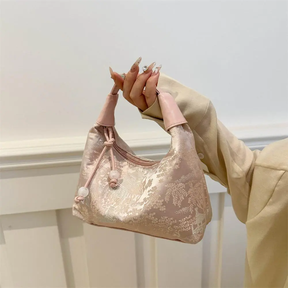 Chinese Jacquard Satin Mini Bucket Underarm Bag, Landscape Print with Knot Bead Drawstring, Adjustable Handle Crossbody Purse for Women Daily Commute & Party
