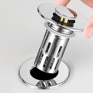 Three-in-one Sink Drain Filter with Hair Collector, Stainless Steel Pop-up Drain with Filter Basket, Suitable for Bathrooms, Kitchens, and Showers, Pop-up Core Basin Drain Filter, Sink Plug Replacement Part, Anti-odor and Anti-clogging
