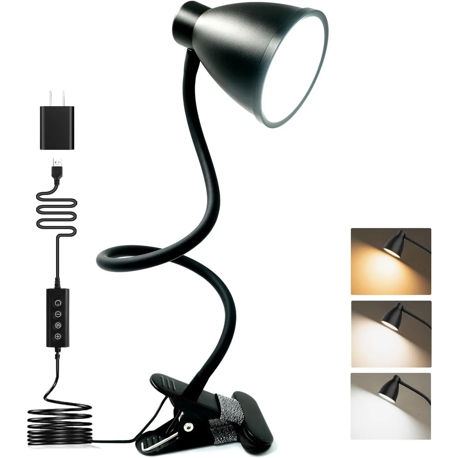 Desk Lamp 5 Color Modes 10 Brightness Dimmer Reading Light Black | 10W 38 LED Clamp Lamp with Auto Off Timer 360° Flexible Neck Clip on Light for Bed Bedside, AC Adapter Include