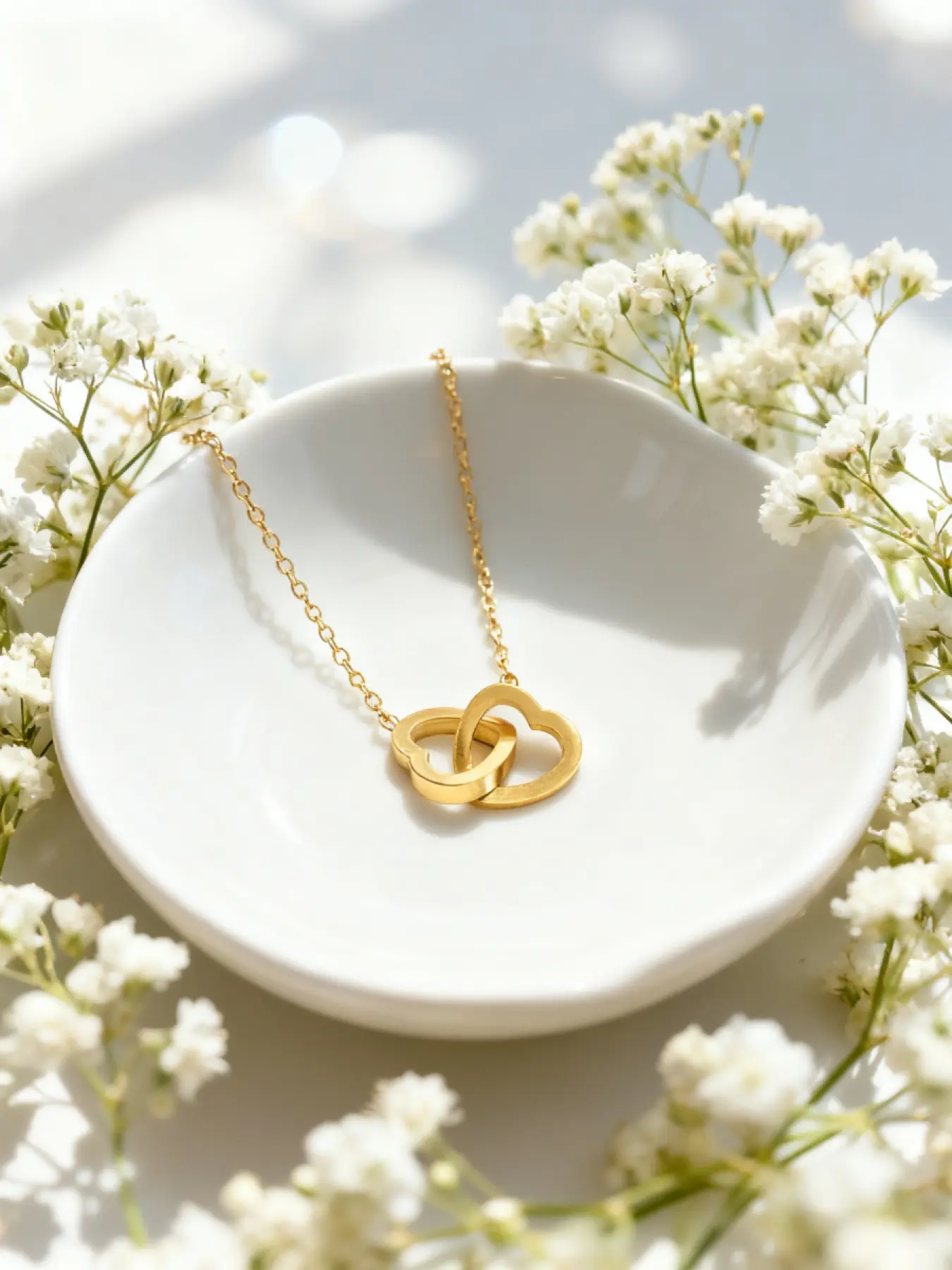 18K Gold Plated Titanium Steel Interlocking Heart Necklace, 16-18 Inch Adjustable Collarbone Chain, Couple & Best Friend Gift Jewelry for Women