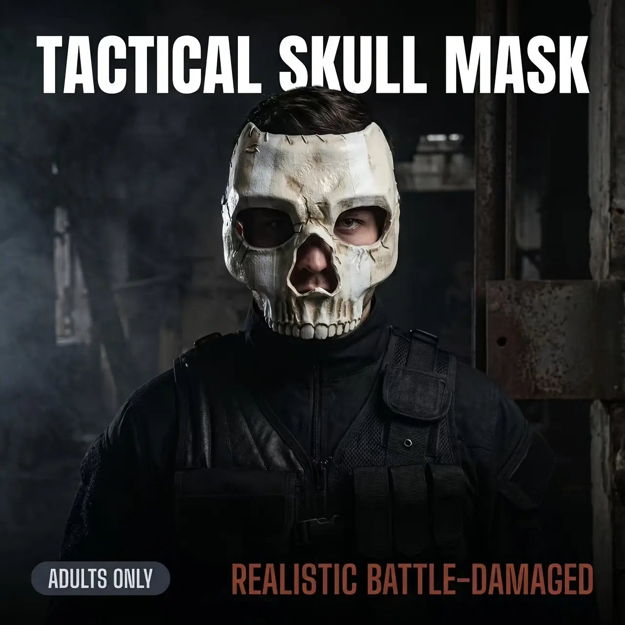 Vintage Broken Bone Skull Mask, Realistic Full Face Skeleton Mask for Adults, Adjustable Strap Halloween Costume Mask, Creepy Gothic Horror Decor