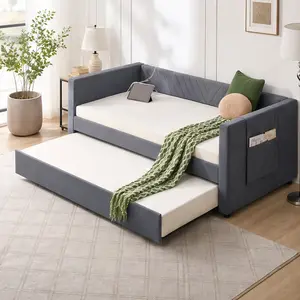 ARCH Twin Size Velvet Upholstered Daybed with Trundle Frame - Sturdy, USB Port, Side Pockets, Modern V-Grained Backrest, No Box Spring Needed, DIY Assembly, Chic, for Modern Bedroom, Indoor Twin Beds