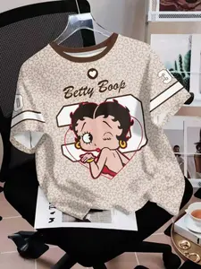 Women's Summer Cartoon Doll Print Short Sleeve T-Shirt, Everyday Casual Loose-Fit Top, Y2K Fashion Style, Spring & Fall Wear