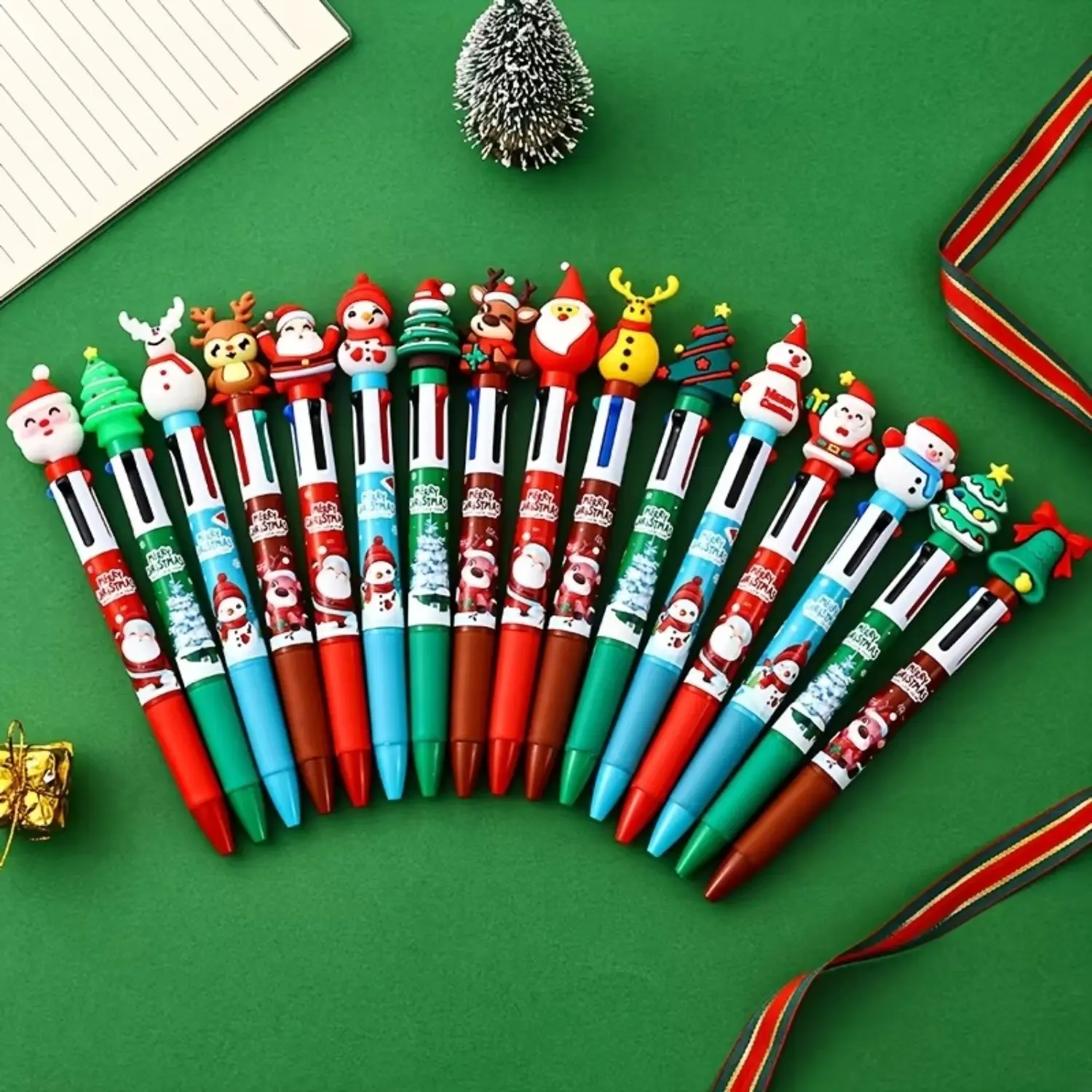 16pcs Festive Christmas Pencils, 4 Colorful Round Ballpoint Pens, Santa Reindeer Snowman Tree Designs, Holiday Gifts Prizes Party Favors, Unique Pens