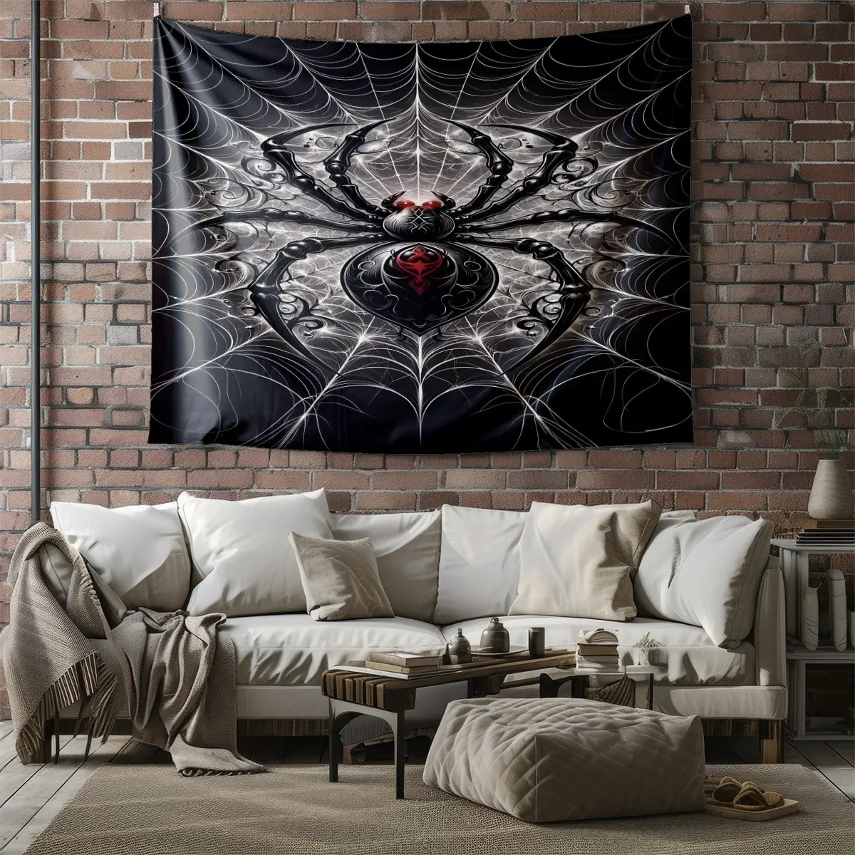 Gothic Black Widow Spiderweb Tapestry, Black and White Textured Insect/Animal Pattern Wall Hanging, Avant-garde Punk Halloween Gift, Dark Aesthetic Wall Decoration, Gift for Gothic, Emo, and Tattoo Art Lovers