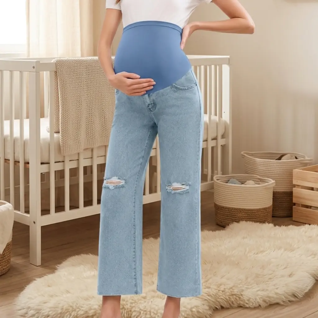 MUSBUY Women's Over-The-Belly Maternity Wide Leg Jeans - Ripped Knees, Distressed Look, Light Wash, Stretchy, Full Support, Relaxed Fit Casual Pregnancy Pants Jeans