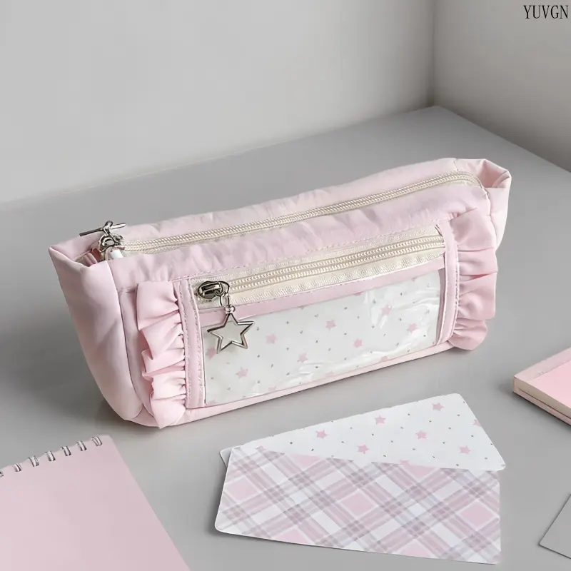 Cute Ruffled Pencil Case with Star Charm, Large‑Capacity Multi‑Zipper Pen Pouch, Clear Window Stationery Storage Bag, Kawaii School Supplies Makeup Bag for Girls Students