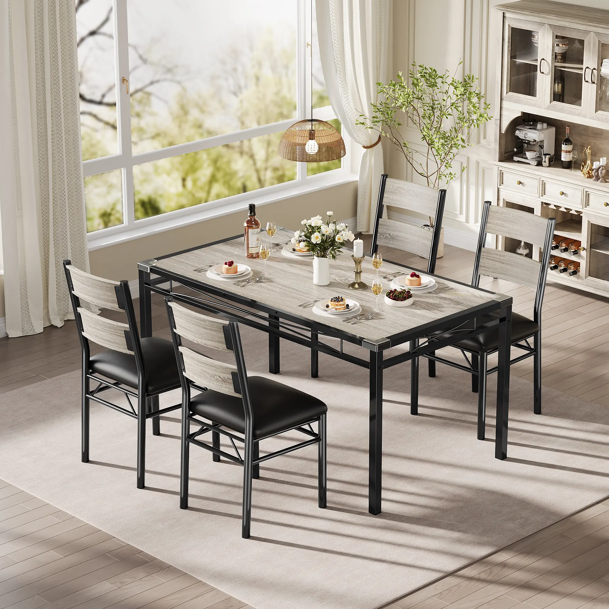 【Summer Sale】Modern Space-Saving Dining Table Set – 4 Upholstered Chairs, Sturdy Wood Construction, Corner Protectors, Perfect for Apartment or Small Dining Room – Vintage Gray/Black
